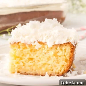 Coconut Cream Poke Cake Recipe — Moist, Tropical Dessert 6 slice of coconut cream poke cake on plate
