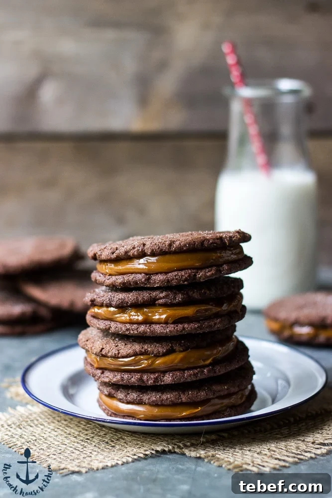Stack of three Mexican Chocolate Sandwich Cookies with Dulce de Leche Filling