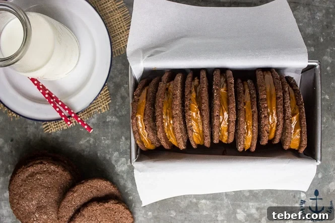 Overhead photo of Mexican Chocolate Sandwich Cookies with Dulce de Leche Filling in a loaf pan