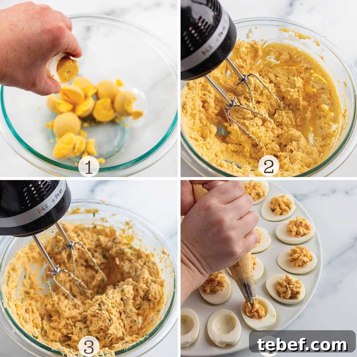 Four images of step-by-step making deviled eggs.