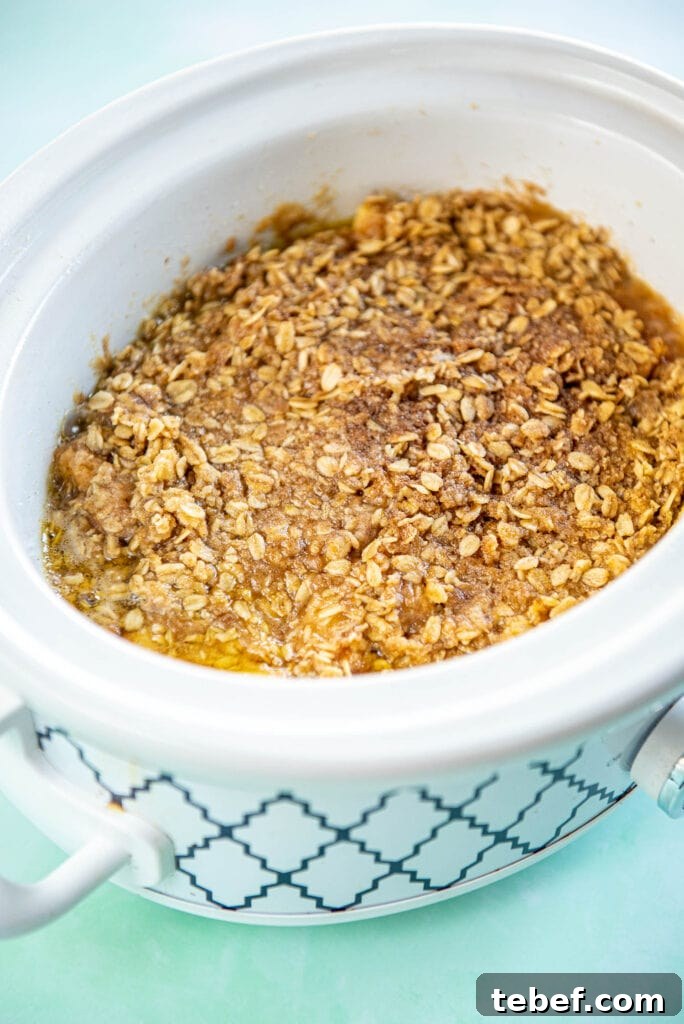 Slow Cooker Fresh Peach Cobbler Recipe with Homemade Topping 12 fresh peach cobbler in a white oval slow cooker