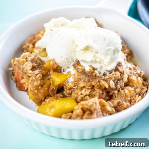 Slow Cooker Fresh Peach Cobbler Recipe with Homemade Topping 15 white ramekin with peach cobbler topped with ice cream