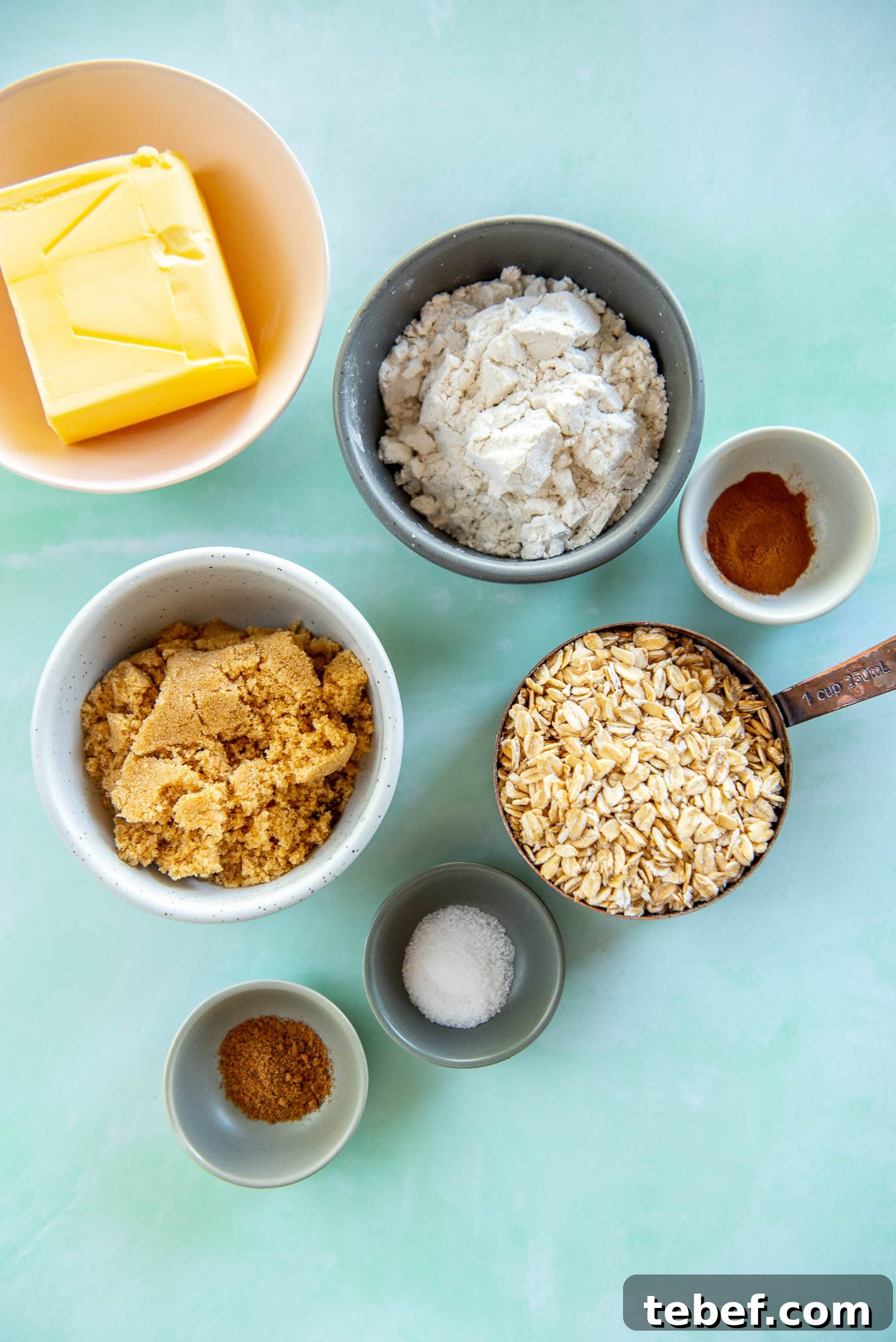 Slow Cooker Fresh Peach Cobbler Recipe with Homemade Topping 5 containers with butter, sugar, flour, cinnamon, oats, salt and nutmeg