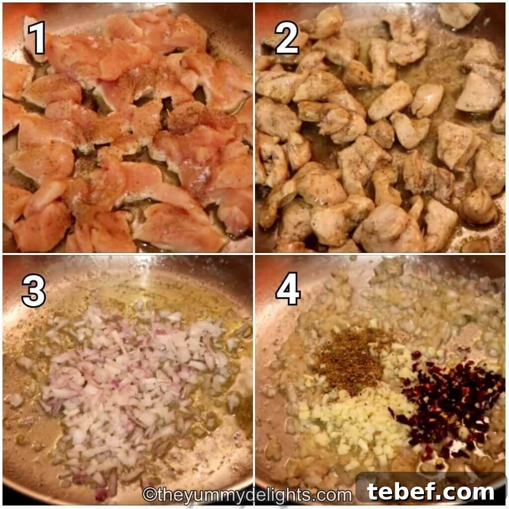 Creamy Tomato, Spinach & Chicken Pasta Recipe 4 collage of 4 images showing cooking chicken, sauteing onion, and adiition of garlic and herbs.