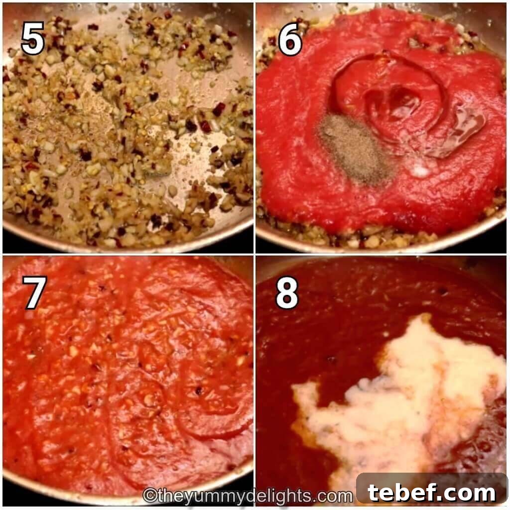 Creamy Tomato, Spinach & Chicken Pasta Recipe 5 collage of 4 images showing how to make tomato onion spinach pasta. It shows addition of tomato and tomato paste, cooking it and addition of cream.