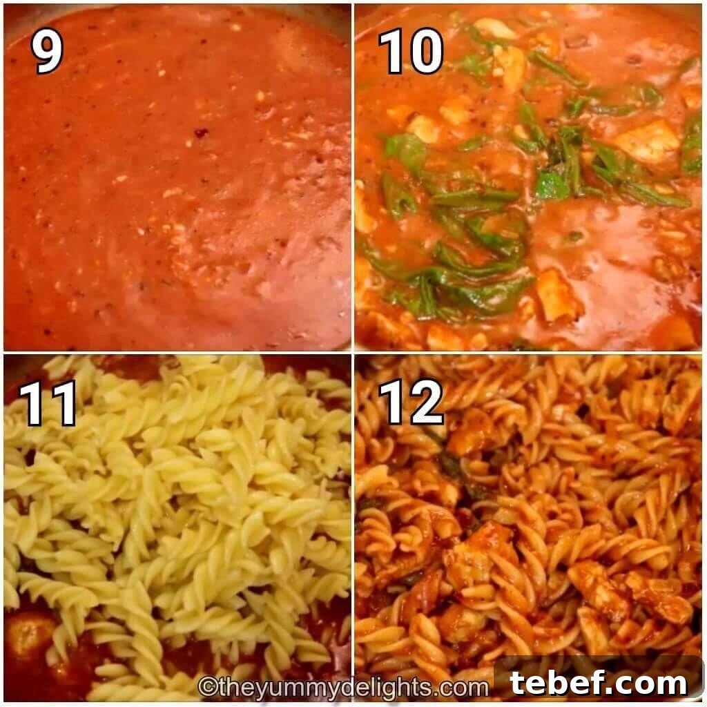 Creamy Tomato, Spinach & Chicken Pasta Recipe 6 collage of 4 images showing addition of spinach, pasta and chicken and cooking it to make tomato spinach chicken pasta.