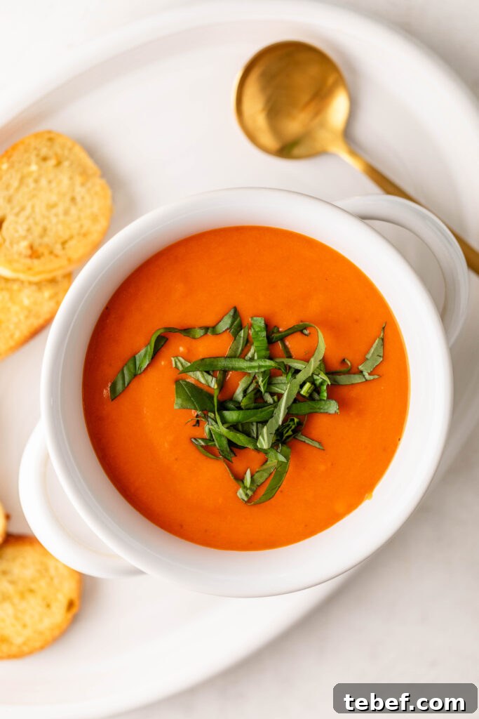 Creamy Sheet-Pan Roasted Tomato Soup Recipe 2 bowl of creamy roasted tomato soup topped with fresh basil on a plate with garlic crostini and a gold spoon