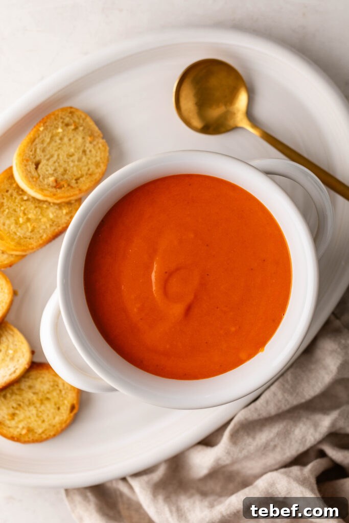 Creamy Sheet-Pan Roasted Tomato Soup Recipe 12 creamy roasted tomato soup in a white bowl on a plate with garlic crostini