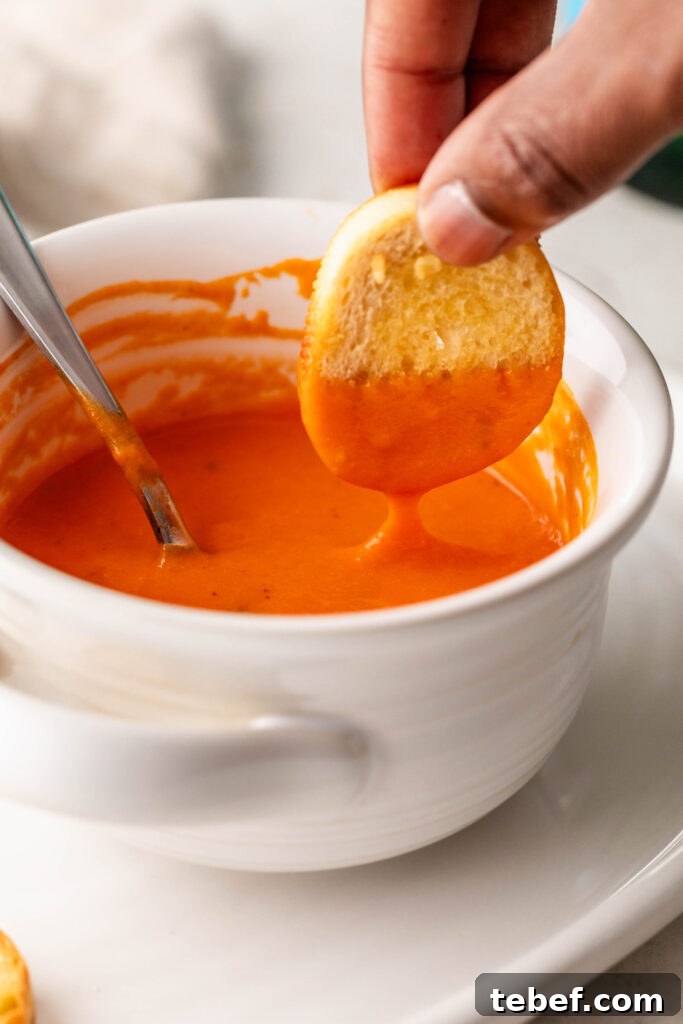Creamy Sheet-Pan Roasted Tomato Soup Recipe 15 dipping a garlic crostini in a bowl of creamy roasted tomato soup
