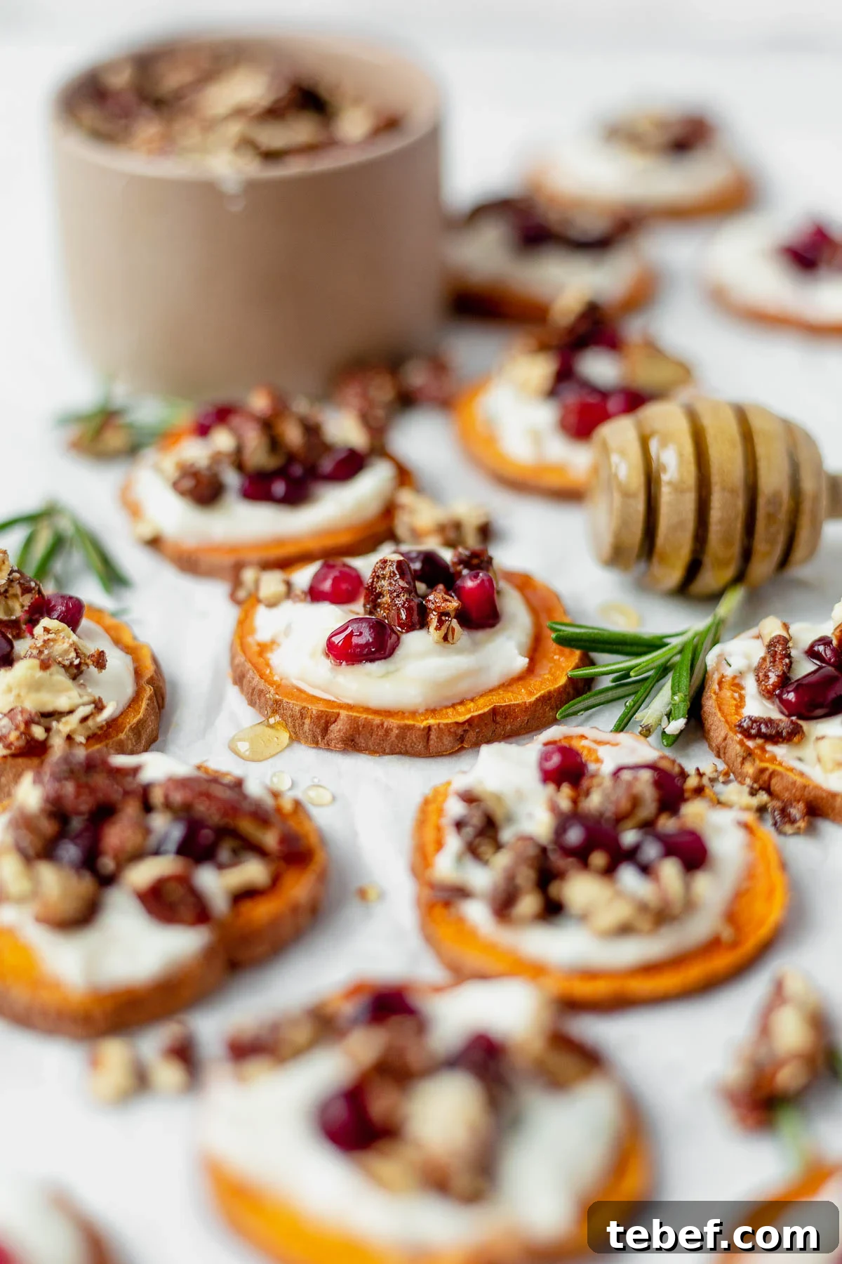 Crispy Sweet Potato Bites with Garlic Parmesan Dipping Sauce 2 sweet potato bites topped with goat cheese, pecans and honey