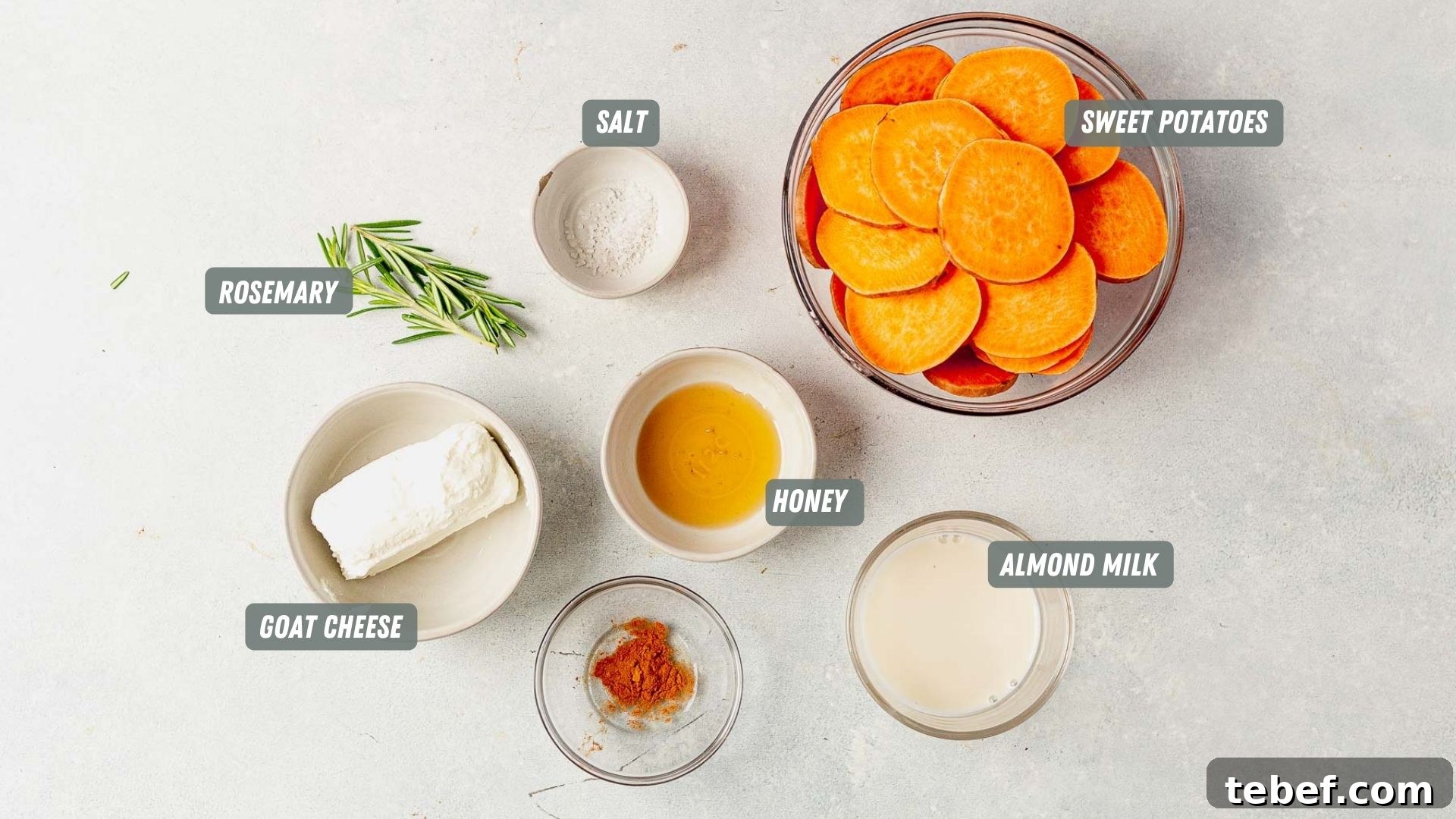 Crispy Sweet Potato Bites with Garlic Parmesan Dipping Sauce 3 sweet potato bites ingredients measured out on a white table