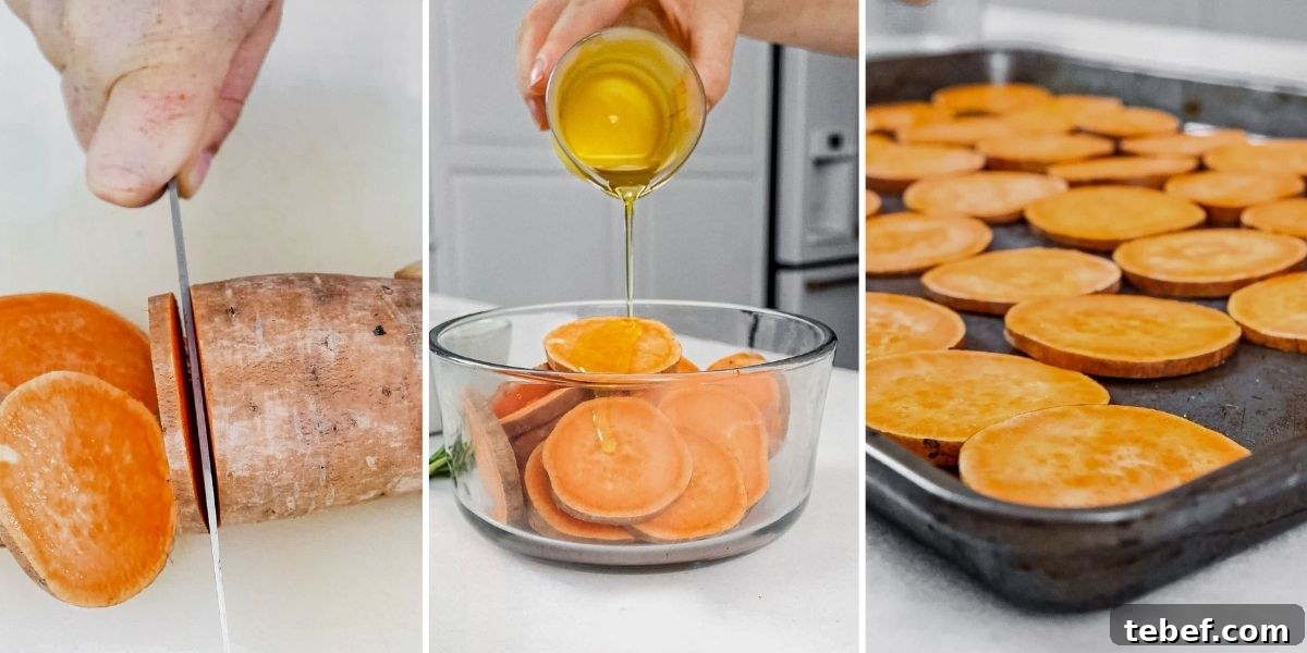 Crispy Sweet Potato Bites with Garlic Parmesan Dipping Sauce 4 3 steps showing how to slice and roast sweet potato bites