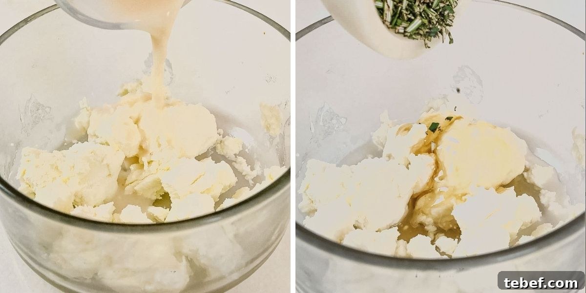 Crispy Sweet Potato Bites with Garlic Parmesan Dipping Sauce 5 two image steps showing how to make whipped honey goat cheese
