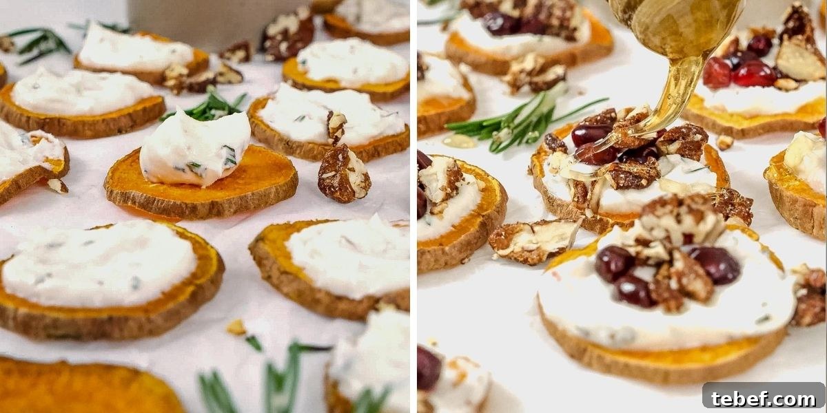 Crispy Sweet Potato Bites with Garlic Parmesan Dipping Sauce 6 two steps showing how to top sweet potato bites with goat cheese and a drizzle of honey