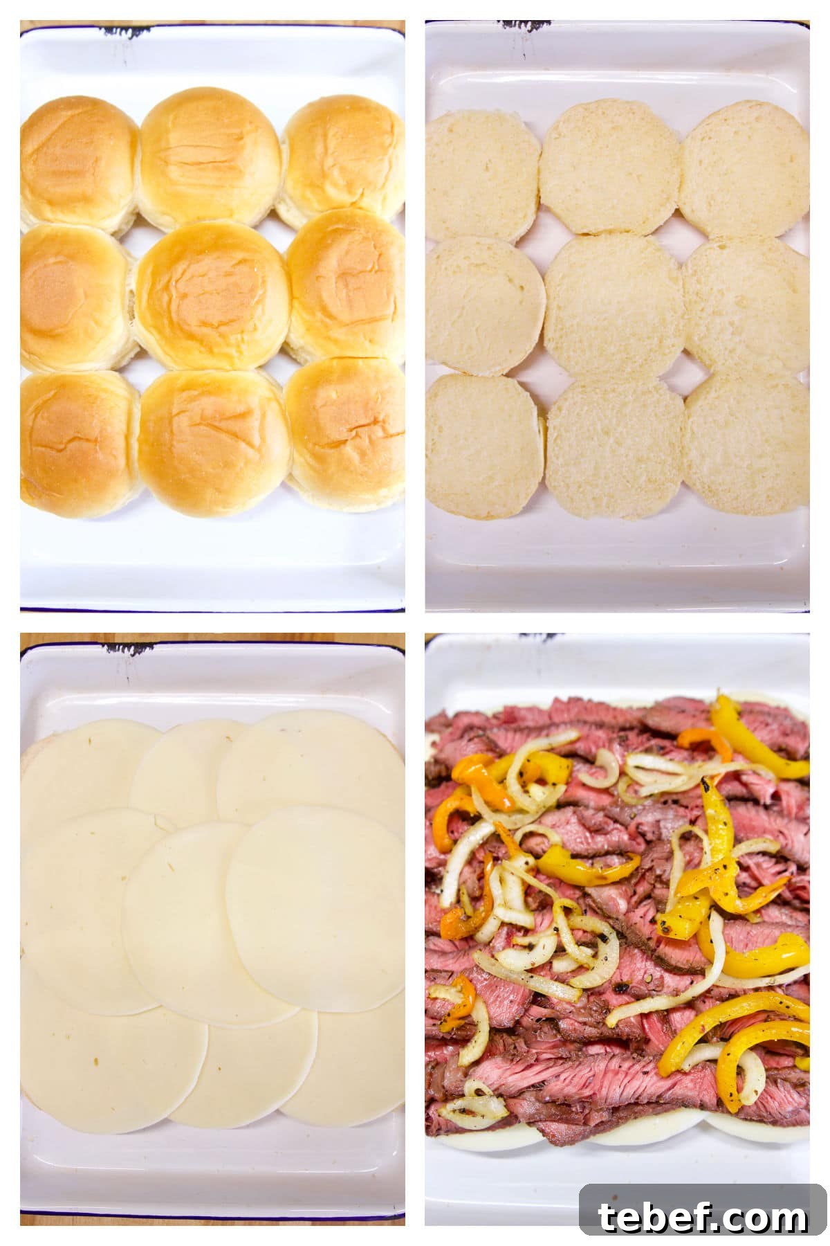 Collage making sliders with steak, cheese, peppers and onions.