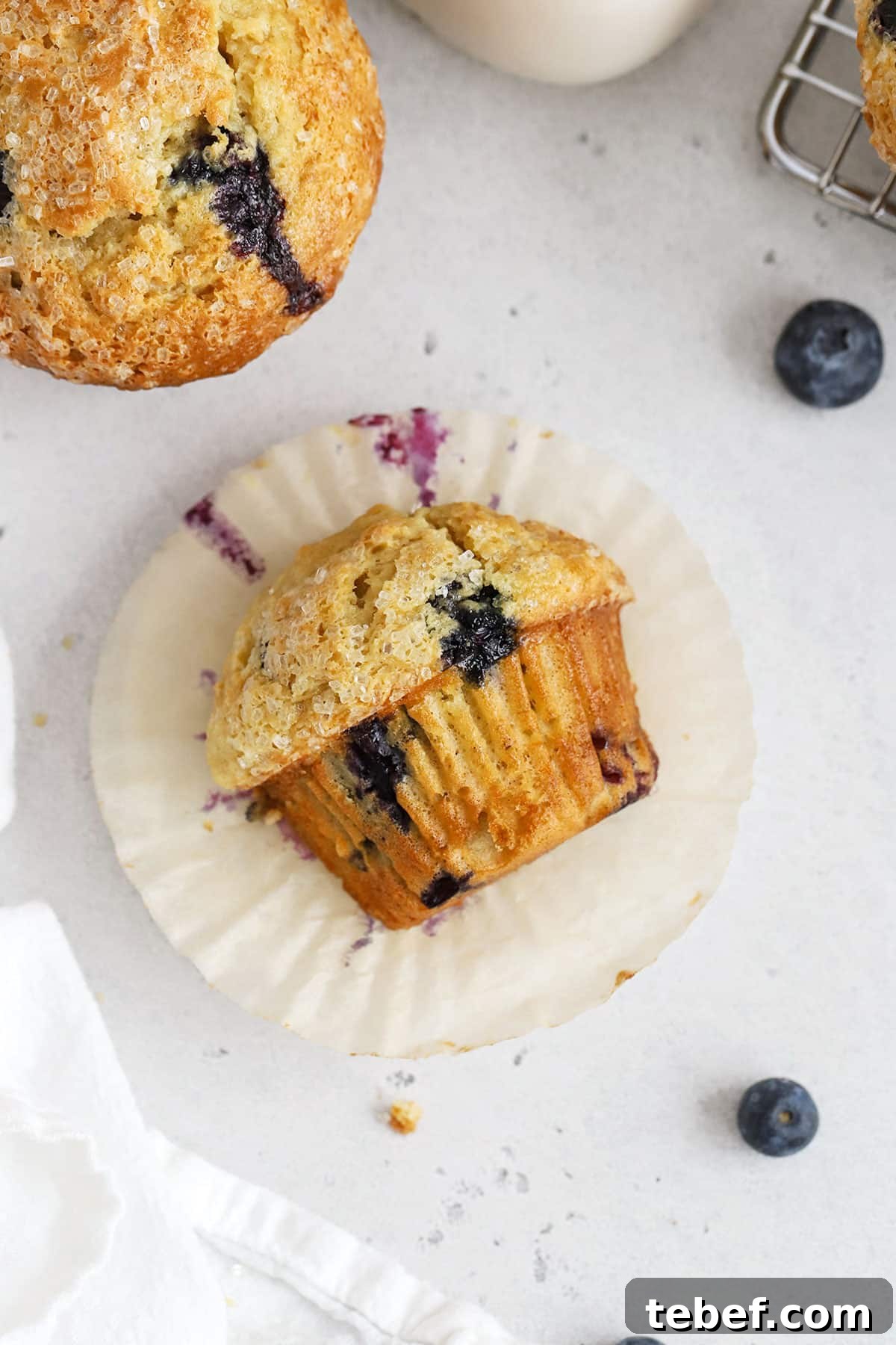 Gluten-Free Blueberry Muffins Recipe with Tender, Moist Texture 5 gluten-free blueberry muffins on a white background
