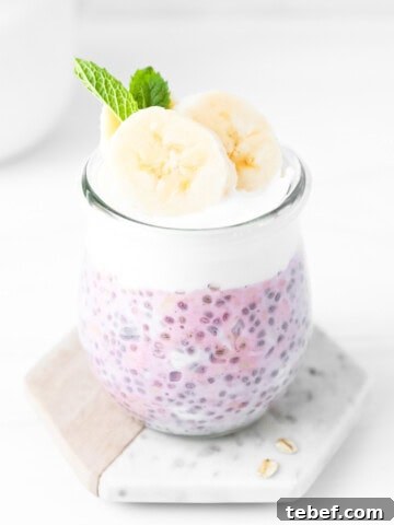 Strawberry banana overnight oats with fresh bananas, vanilla yogurt, and fresh mint.