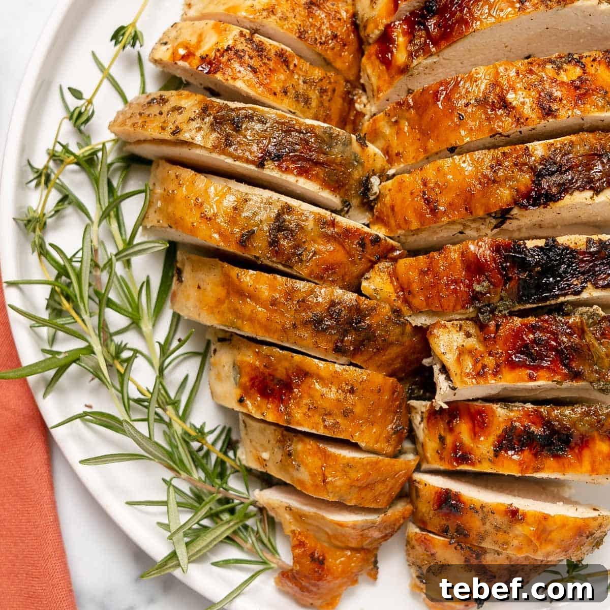 Sliced roasted turkey breast arranged on a white plate with sprigs of fresh rosemary.