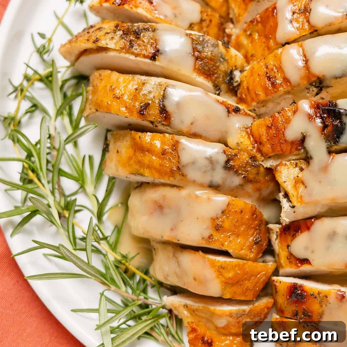 Sliced roasted turkey breast topped with gravy, garnished with fresh rosemary on a white plate.