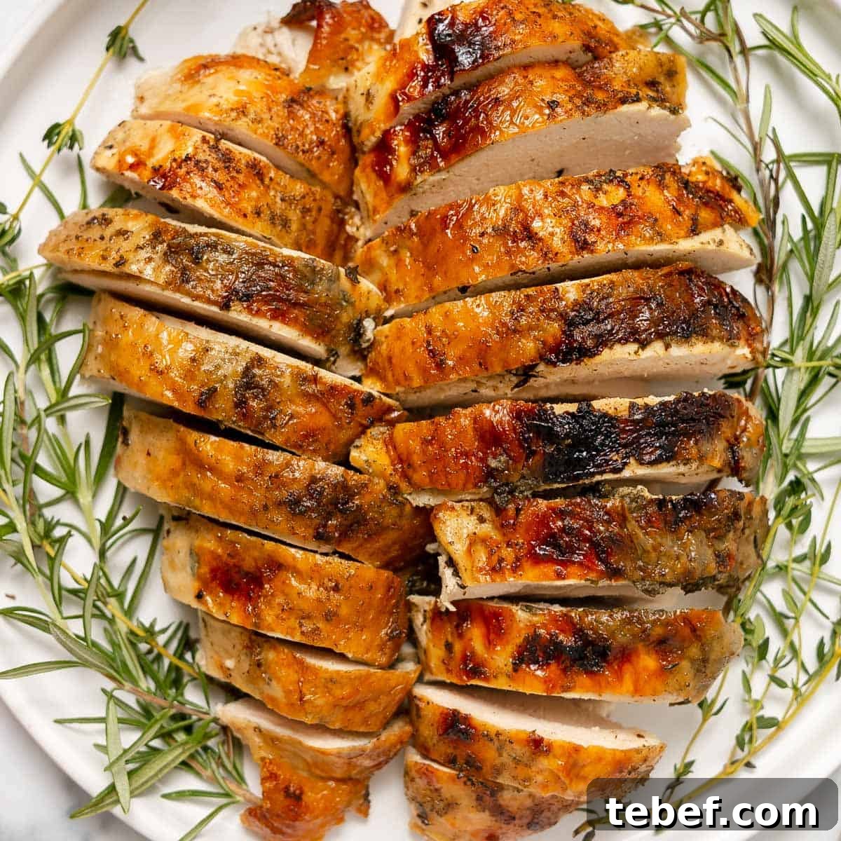 Sliced roasted turkey breast arranged on a white plate, garnished with sprigs of fresh rosemary.