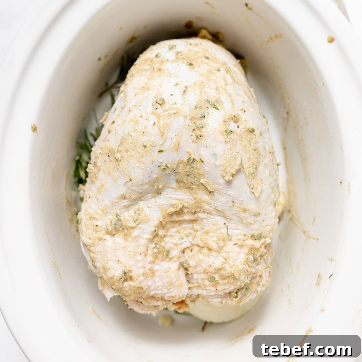 Uncooked, seasoned turkey breast placed in a white slow cooker, ready to be cooked.