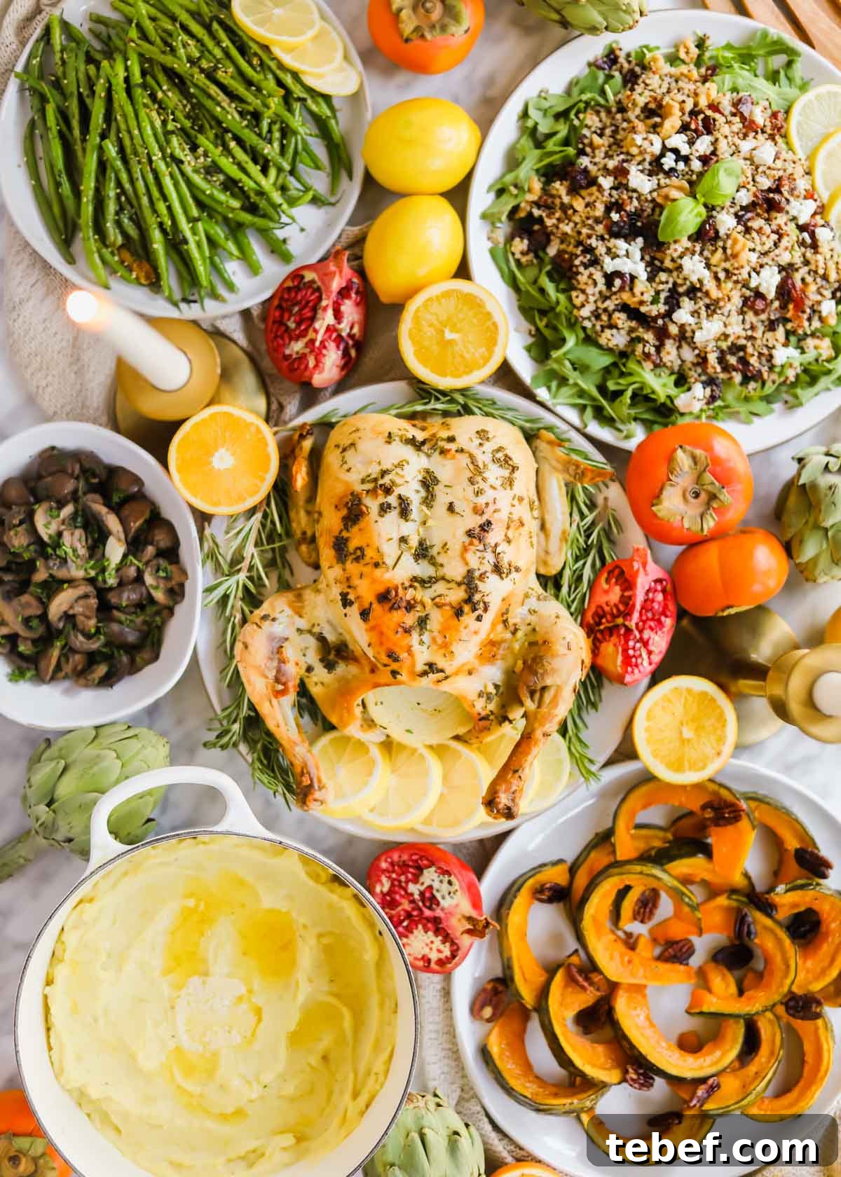 Stress-Free Thanksgiving Hosting: Planning Tips for a Smooth Holiday 4 Whole roast chicken on plate with fall side dishes.