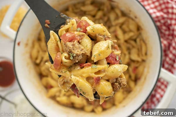 Cheesy Taco Pasta Bake with Ground Beef and Salsa Verde 14 Taco Mac on a spoon