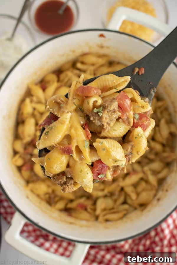 Cheesy Taco Pasta Bake with Ground Beef and Salsa Verde 3 Mexican pasta on a spoon