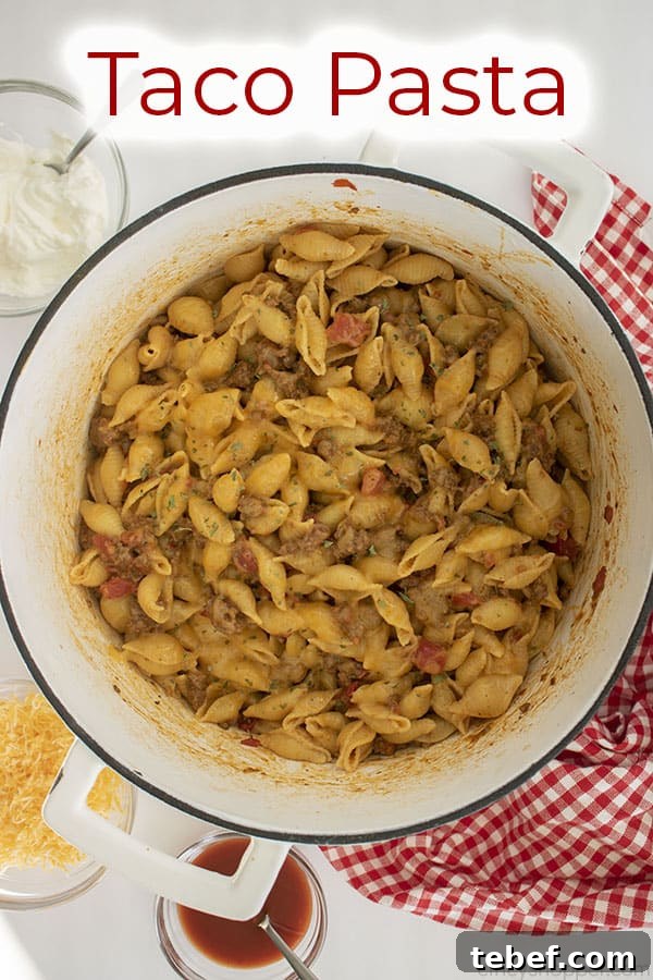 Cheesy Taco Pasta Bake with Ground Beef and Salsa Verde 6 Text on image Taco Pasta