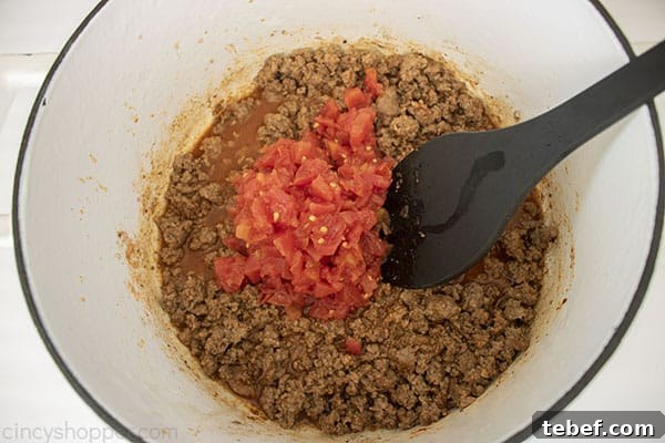 Cheesy Taco Pasta Bake with Ground Beef and Salsa Verde 10 Tomatoes added to ground beef mixture