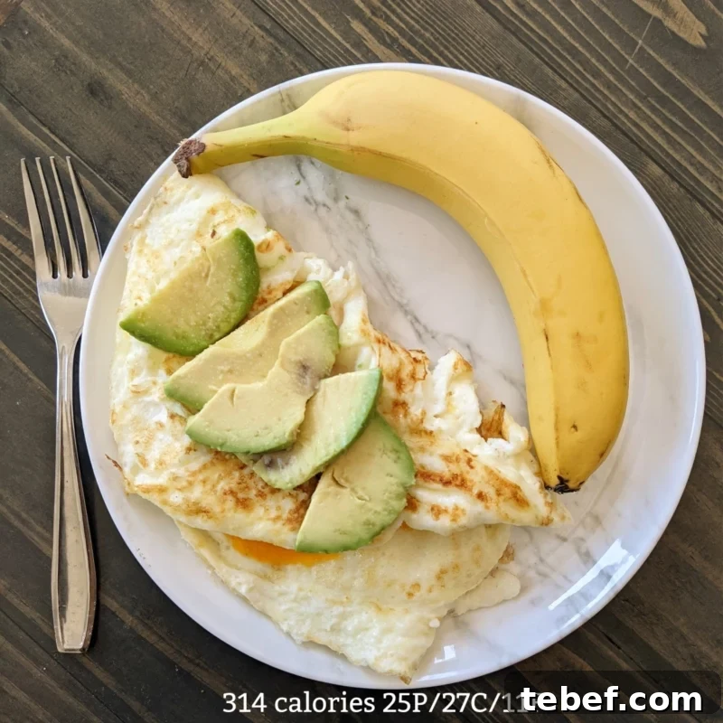 1500 Calorie Meal Plan & Printable: 40/40/20 Macro Day 4 Week 1 breakfast eggs and banana with calories and macros (Custom)