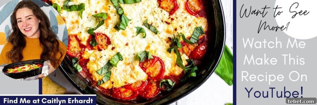 Baked Goat Cheese Dip with Marinara: Creamy Oven-Baked Recipe 13 Caitlyn with dip in platter and overhead shot of dip with text overlay.