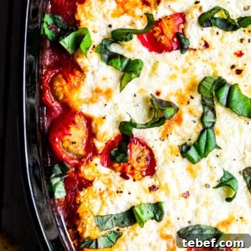 Baked Goat Cheese Dip with Marinara: Creamy Oven-Baked Recipe 15 Overhead shot of goat cheese dip in black baking dish.