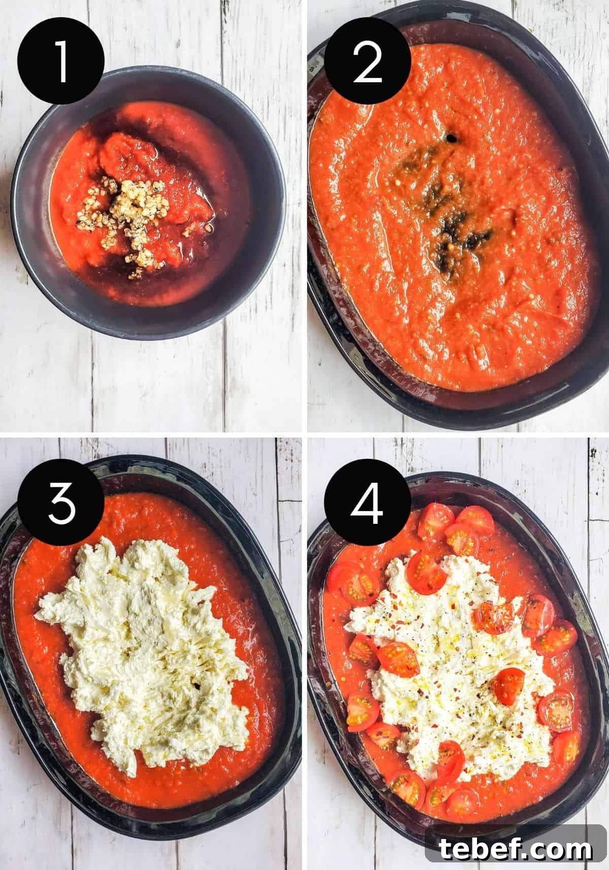 Baked Goat Cheese Dip with Marinara: Creamy Oven-Baked Recipe 5 Four prep image shots showing sauce being made and dip being assembled.