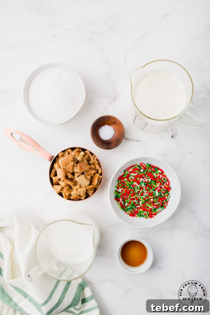 Festive Christmas Ice Cream Recipes and Holiday Flavors Guide 3 Ingredients for christmas ice cream, all in separate bowls on a marble countertop.