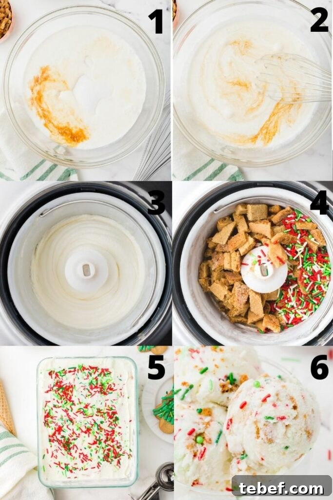 Festive Christmas Ice Cream Recipes and Holiday Flavors Guide 4 Photo collage showing six steps needed to make christmas ice cream in an ice cream maker