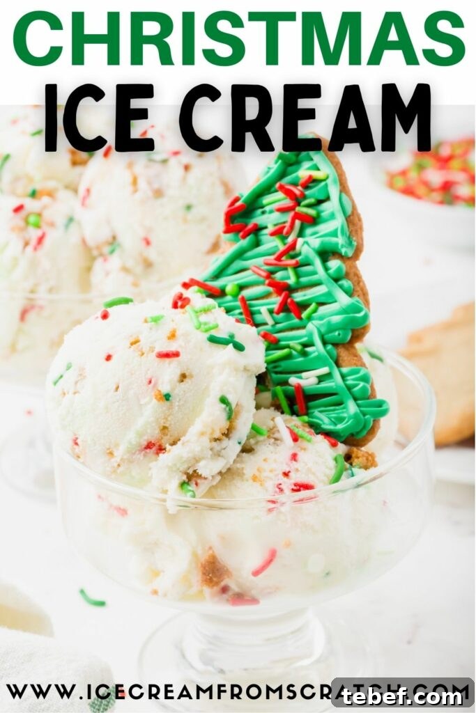 Festive Christmas Ice Cream Recipes and Holiday Flavors Guide 7 a wide, short, glass ice cream dish with scoops of christmas ice cream and a green frosted tree cookie topper.