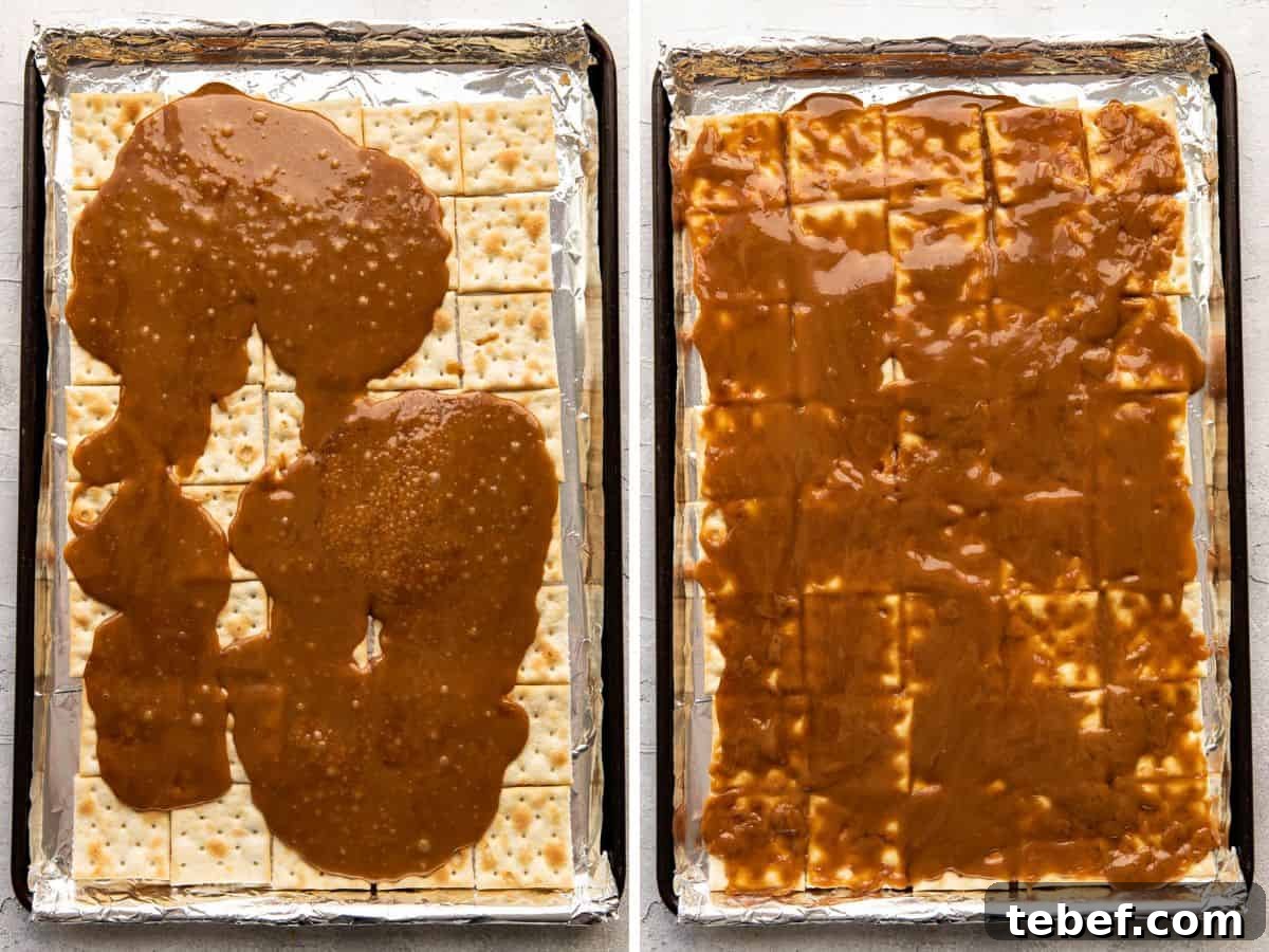 Saltine Toffee (Christmas Crack) — Sweet and Salty Holiday Candy 6 Evenly spread caramel on crackers