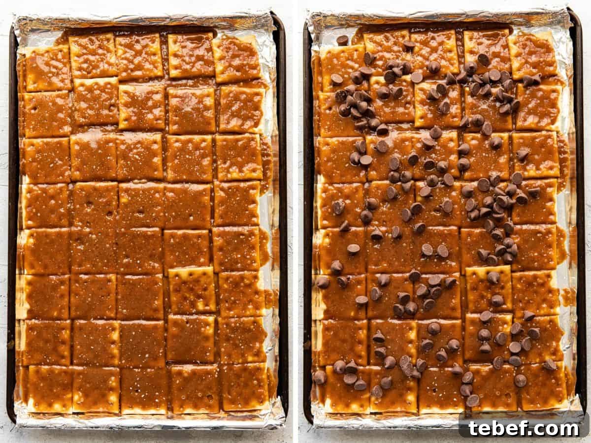 Saltine Toffee (Christmas Crack) — Sweet and Salty Holiday Candy 7 Melted chocolate spread over toffee