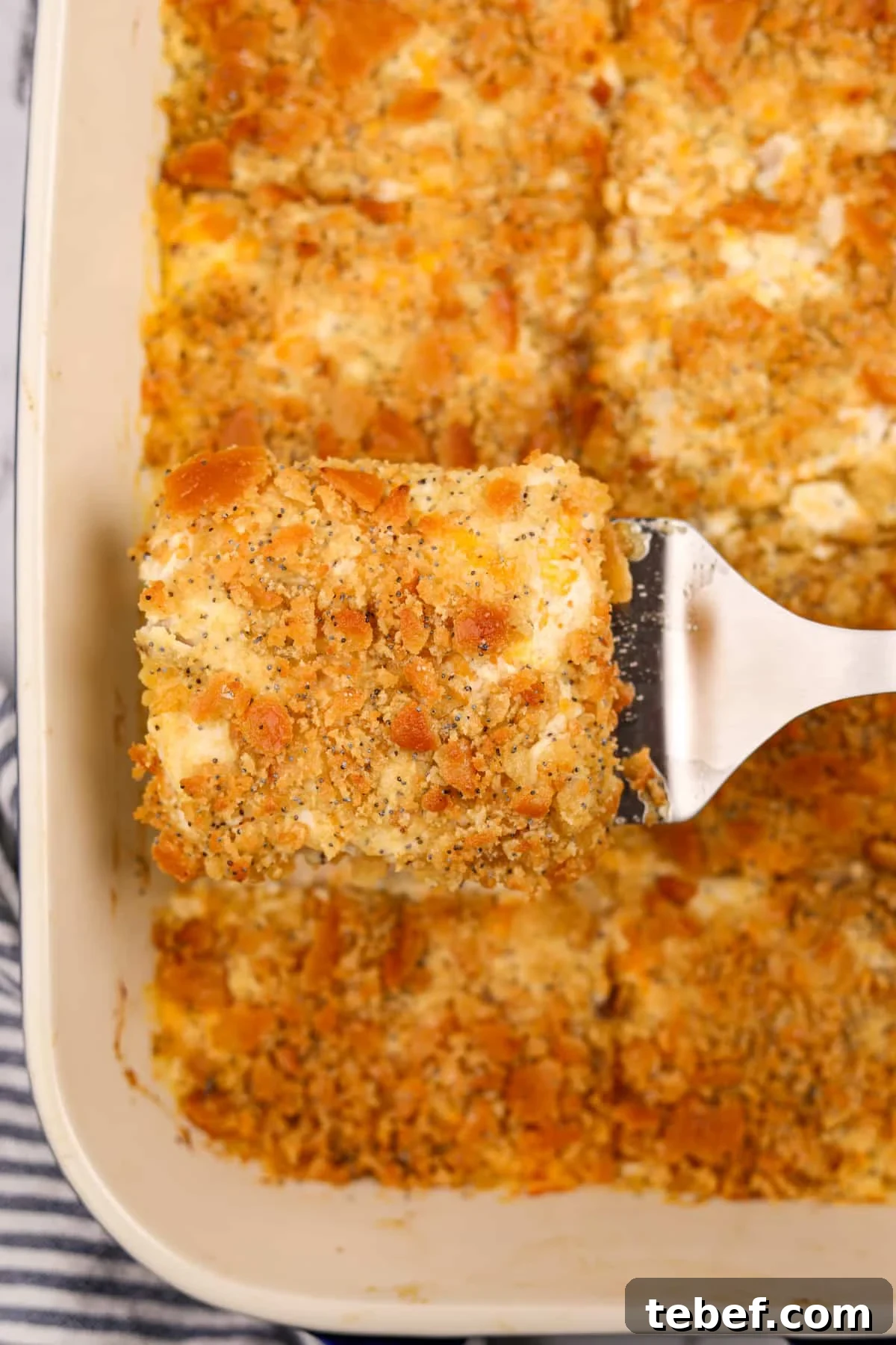 Using a spatula to lift a casserole slice from a baking dish.