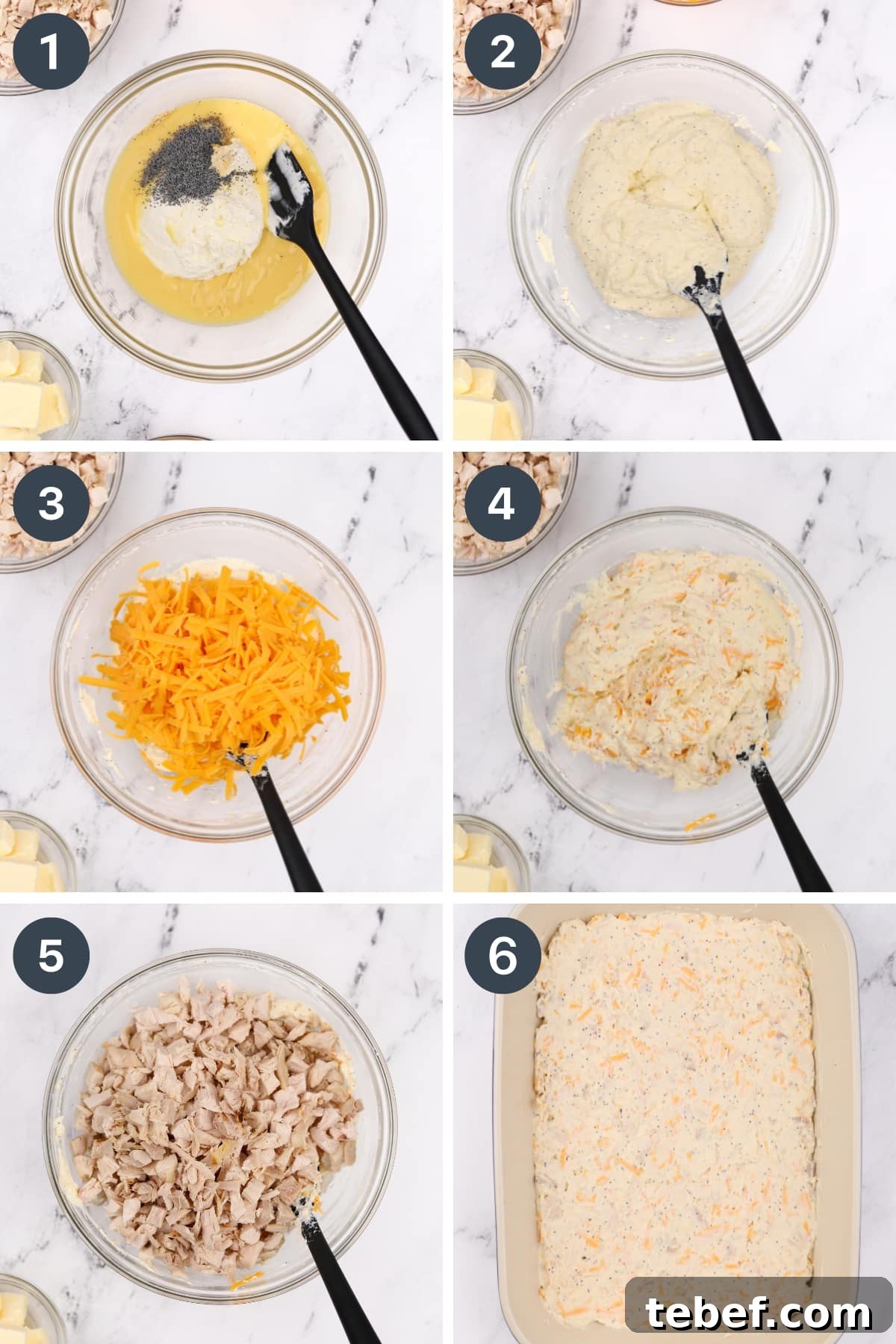 Mixing together sour cream, soup, seasonings, chicken, and cheese to make a casserole base.