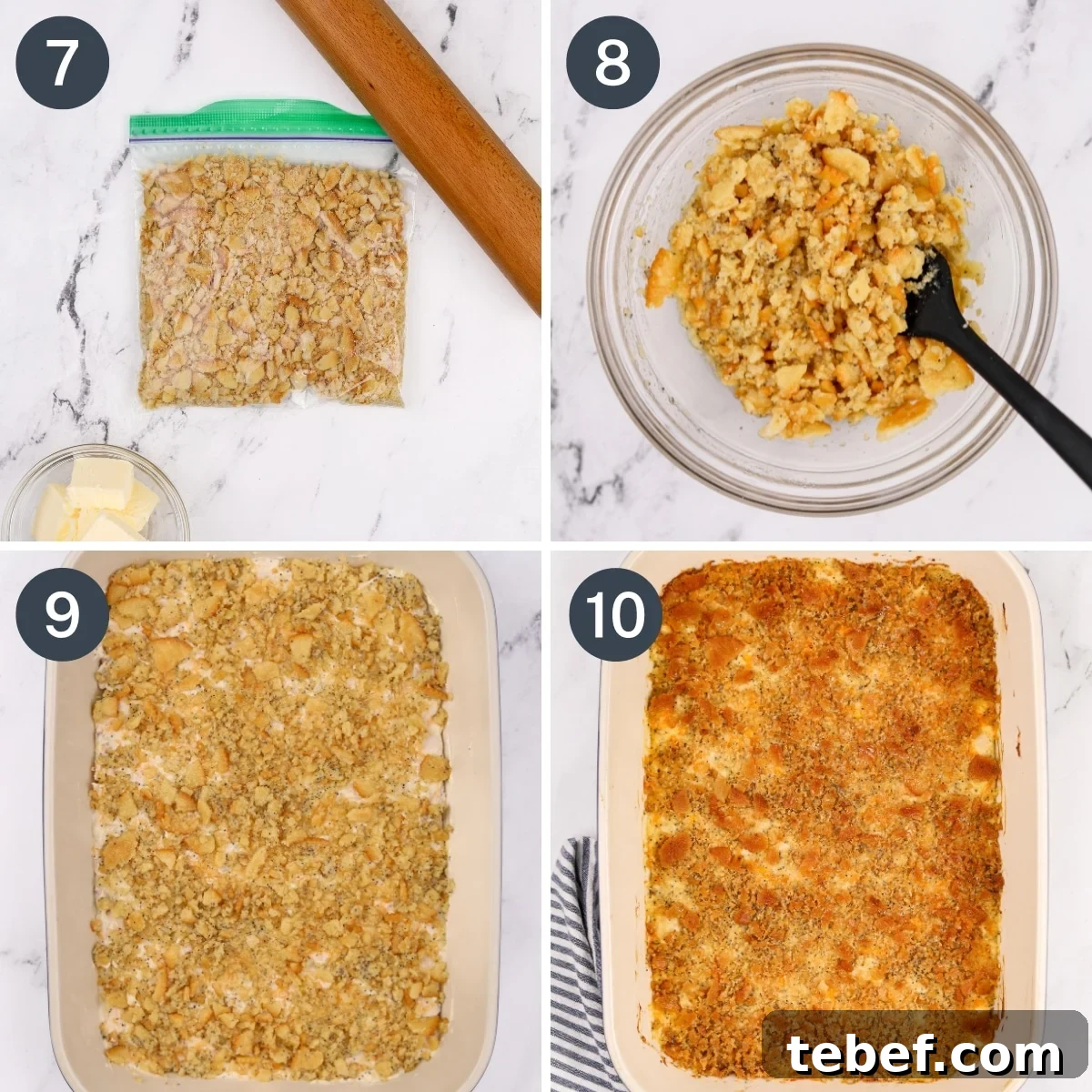 Crushing crackers with a rolling pin, then stirring in butter and adding it to a casserole dish.