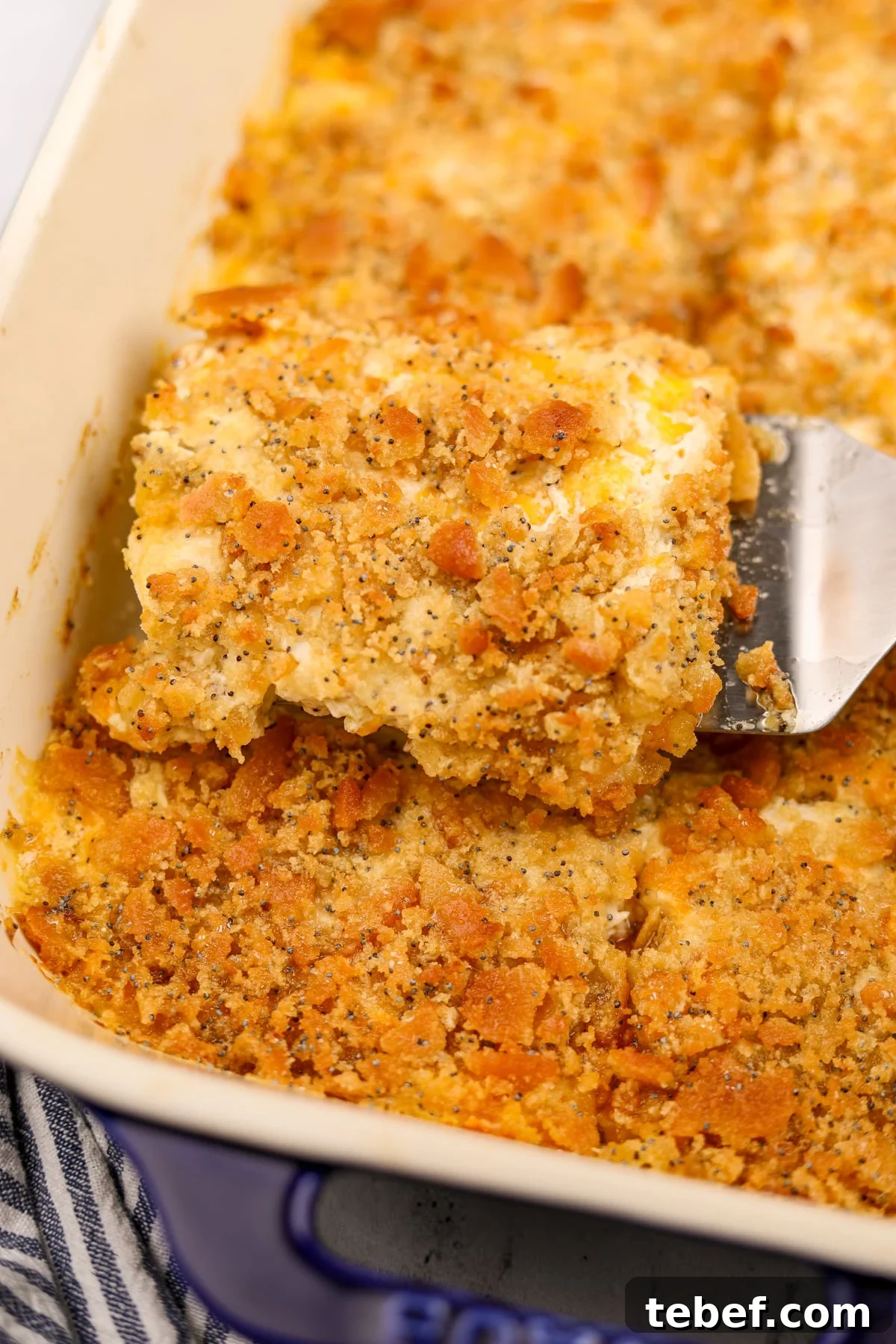 Scooping a creamy casserole from a baking dish; it's topped with a crunchy cracker topping.