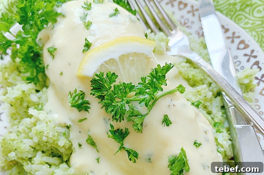 horizontal crop of creamy lemon chicken on a plate with broccoli rice