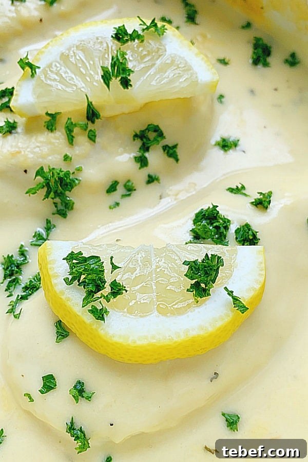 creamy lemon chicken after being baked in a casserole dish