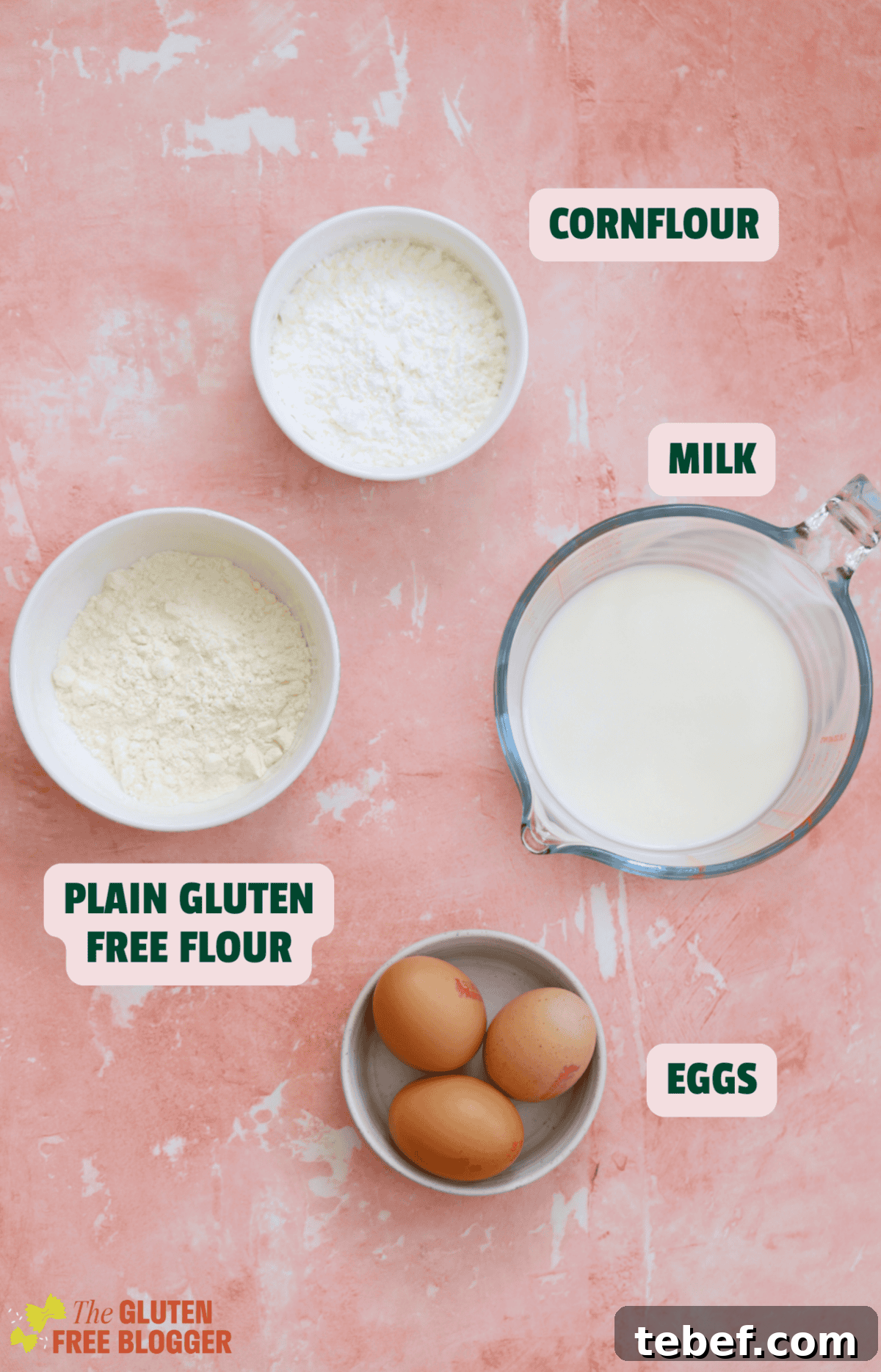 Ingredients for gluten free Yorkshire puddings on a pink backdrop with a text label.