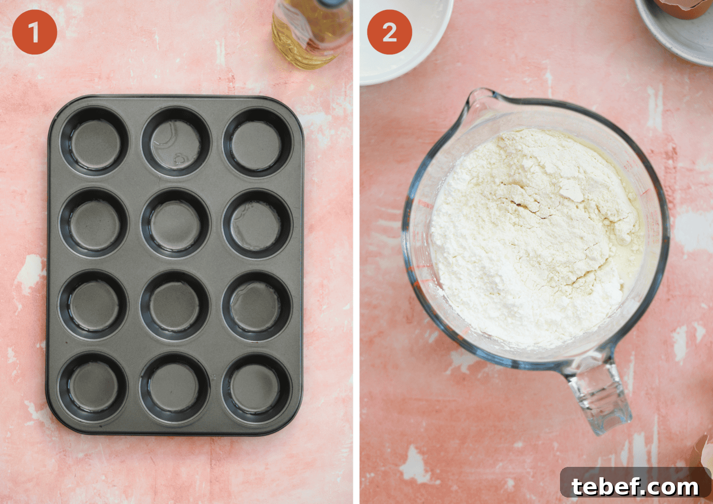 A 12-hole muffin tin with oil in each well, and a jug with all the ingredients for gluten free yorkshire puddings.