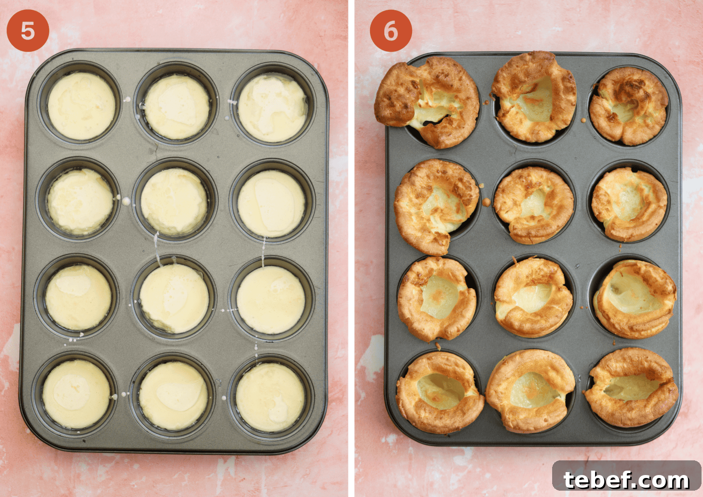 The Yorkshire pudding batter added to the tin and (right) the cooked Yorkshire puddings.
