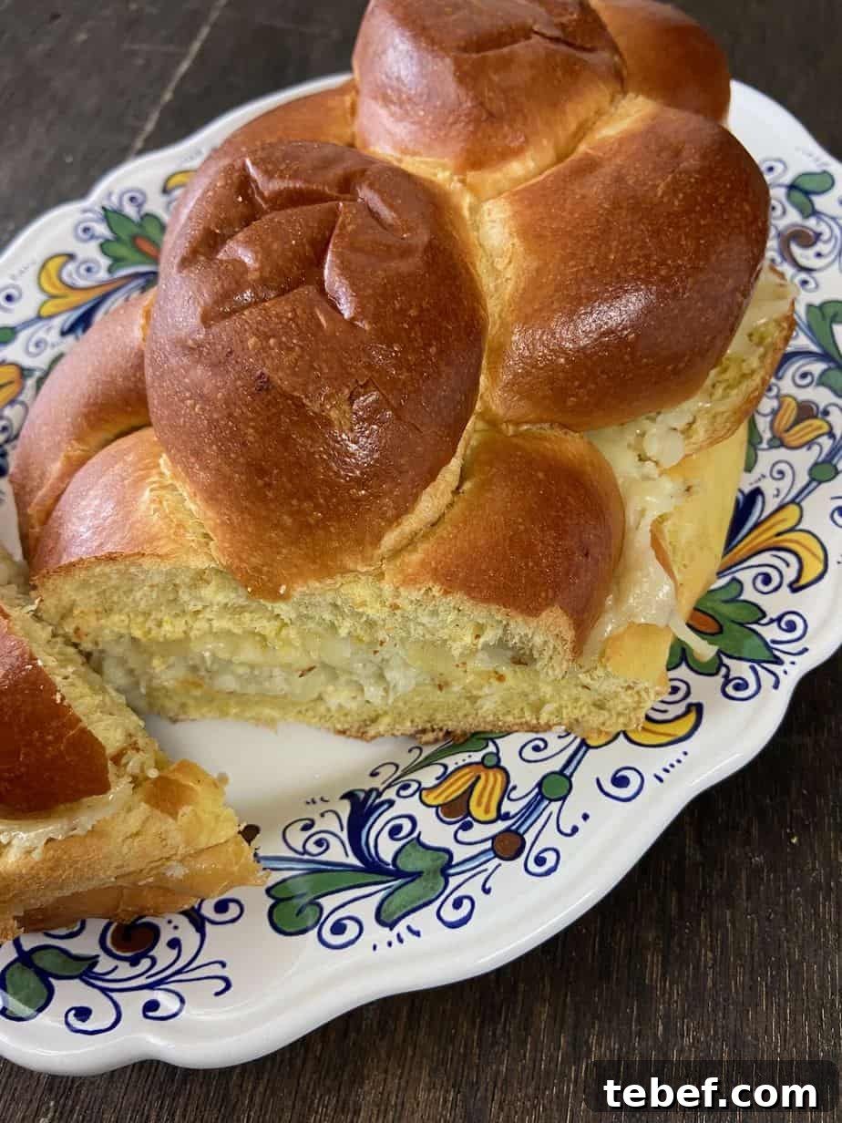 Challah bread stuffed with roasted cauliflower and cheese spread.