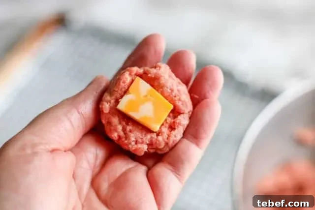 hand holding meatball with cheese inside